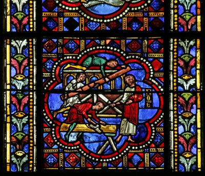 Vindue, der forestiller Noa, der konstruerer arken af French School